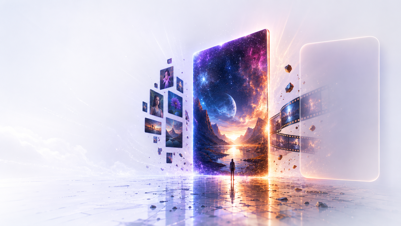 A luminous AI portal scene representing image and video generation.